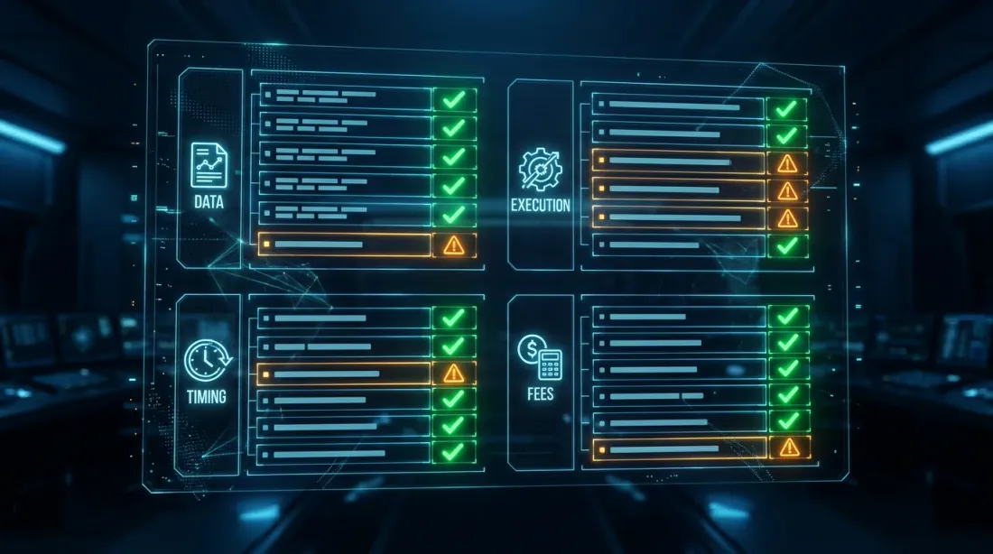 Голографический чек-лист валидации parity по категориям — данные, исполнение, тайминг, комиссии