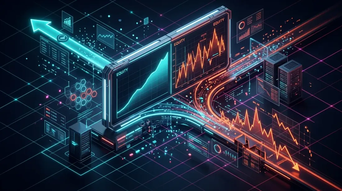 Расхождение бэктеста и реальной торговли — идеальная кривая эквити против волатильных реальных результатов
