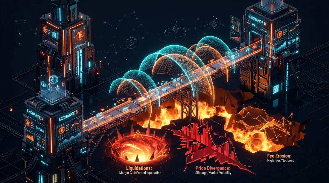 Risks of cross-exchange arbitrage: liquidation, price divergence, fee erosion