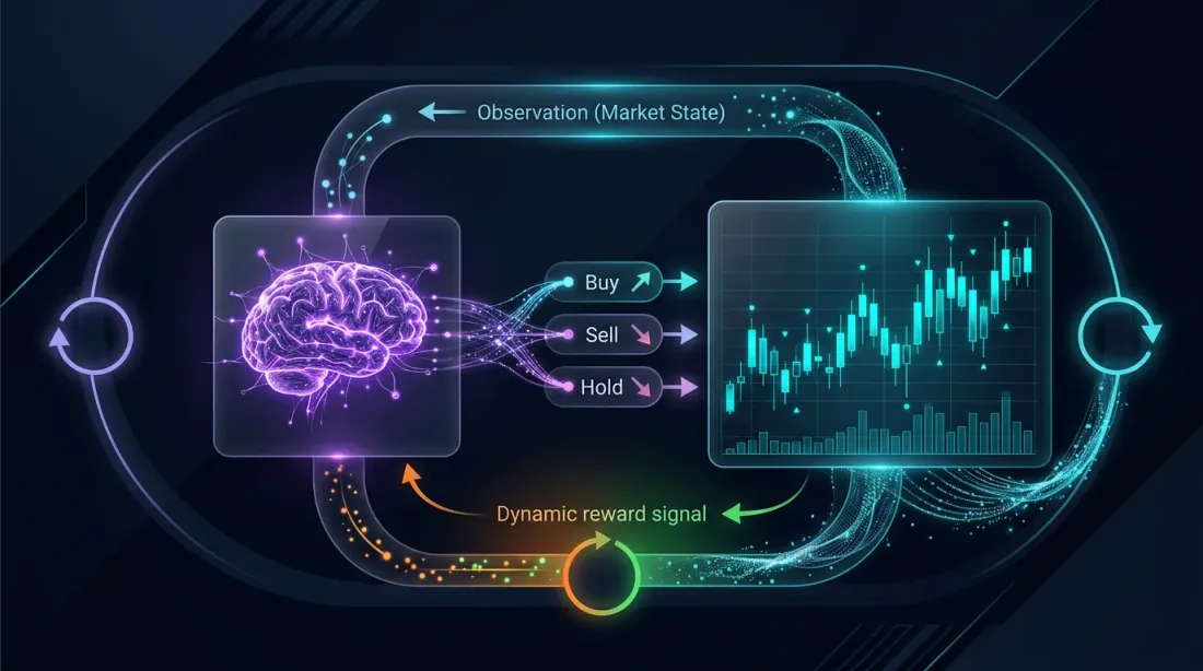 Reinforcement learning agent-environment loop for trading