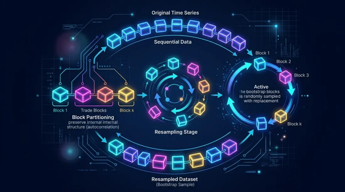 Block bootstrap resampling: sequential trade blocks shuffled and recombined