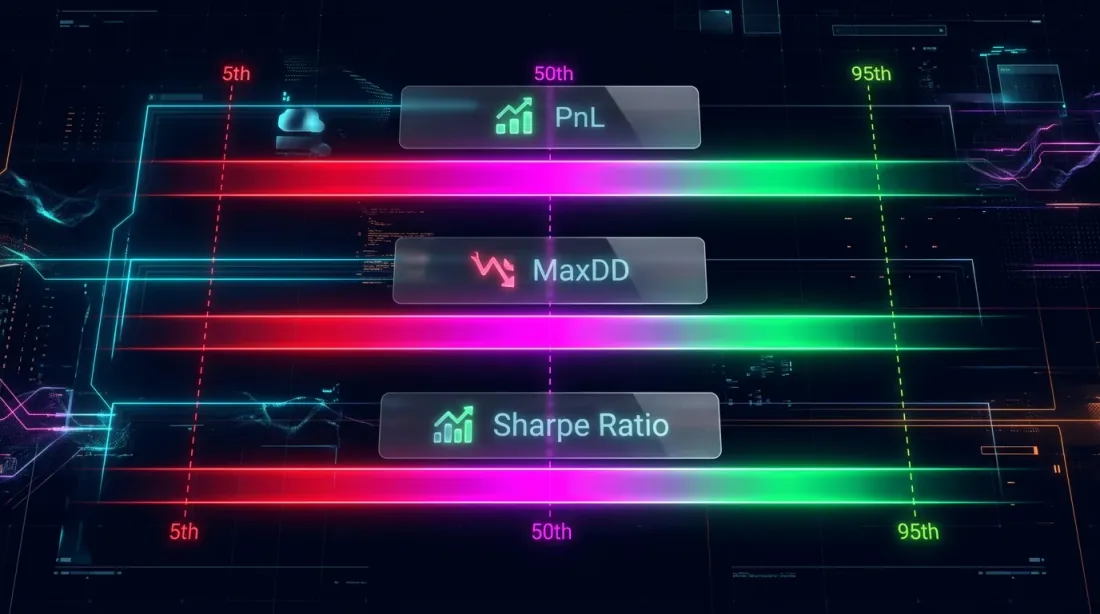 Confidence intervals for PnL, MaxDD, and Sharpe Ratio with 5th, 50th, and 95th percentiles