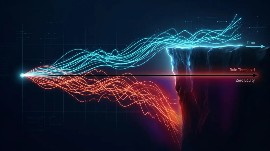 Probability of ruin analysis: equity curves either surviving or falling into ruin