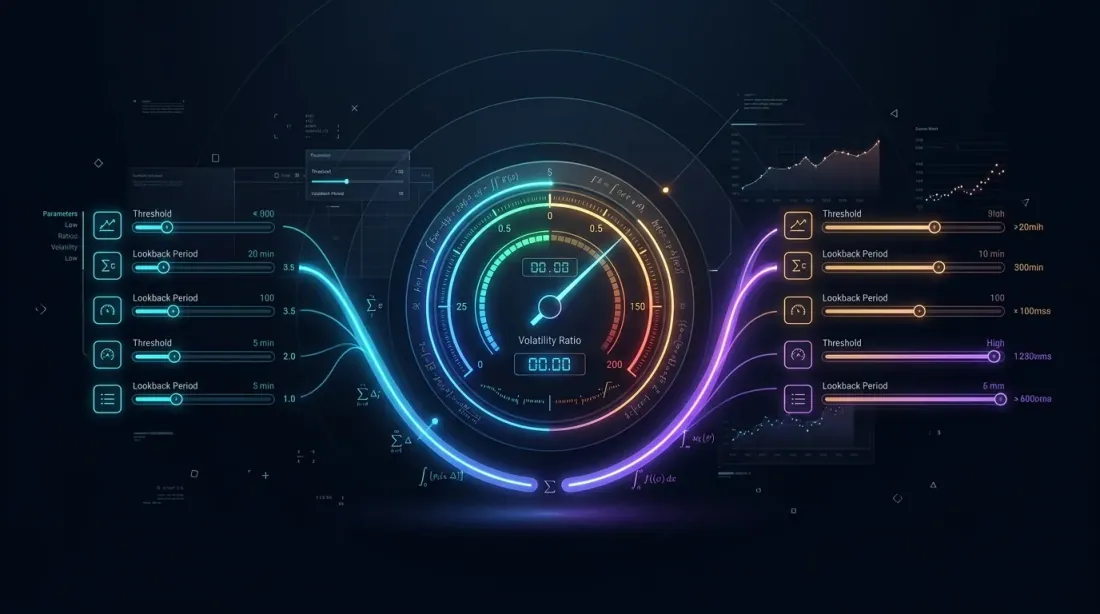 Adaptive parameter scaling: volatility ratio gauge with parameter sliders transforming from tight to wide thresholds