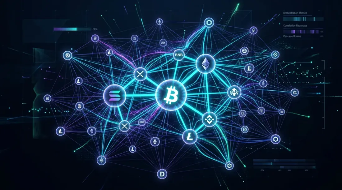 Cryptocurrency correlation network graph with cascade strategy allocation flows