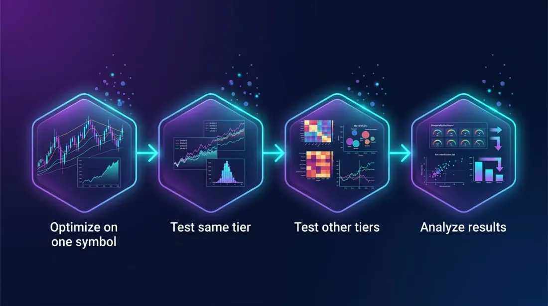 Multi-symbol validation methodology: optimize, test same tier, test other tiers, analyze results
