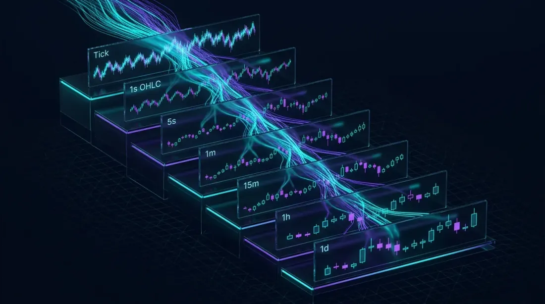 Cascading materialized views pipeline from raw ticks to daily OHLC bars