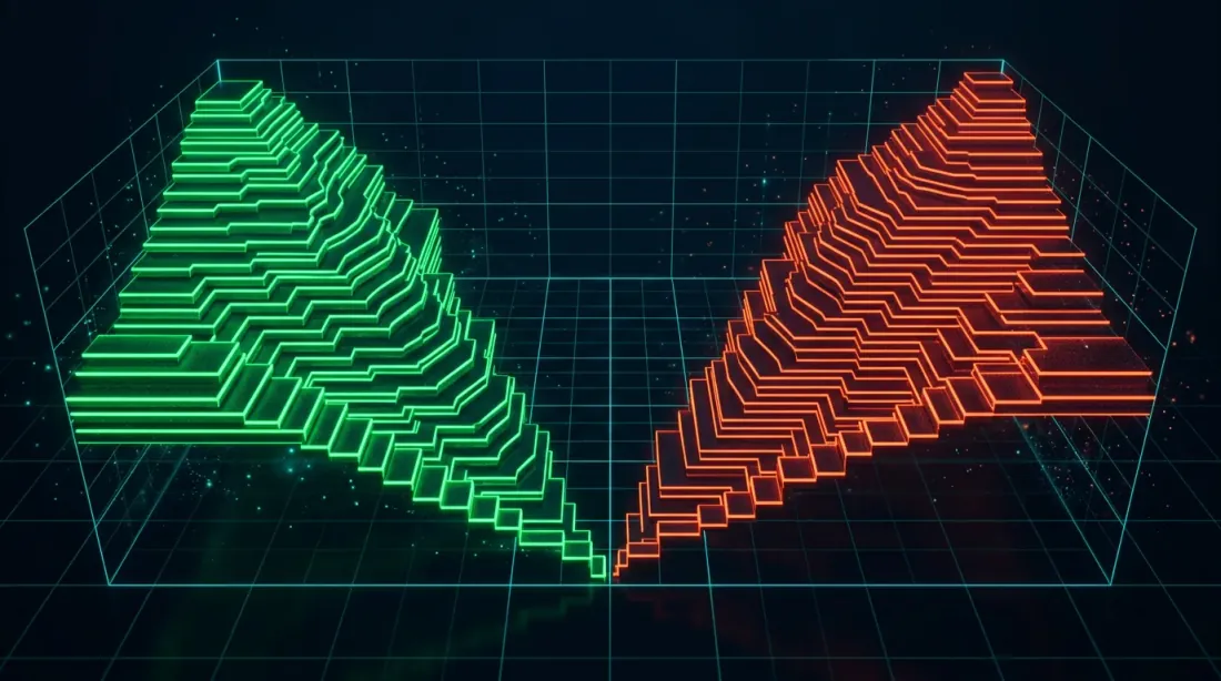 3D order book depth visualization with green bid levels and red ask levels