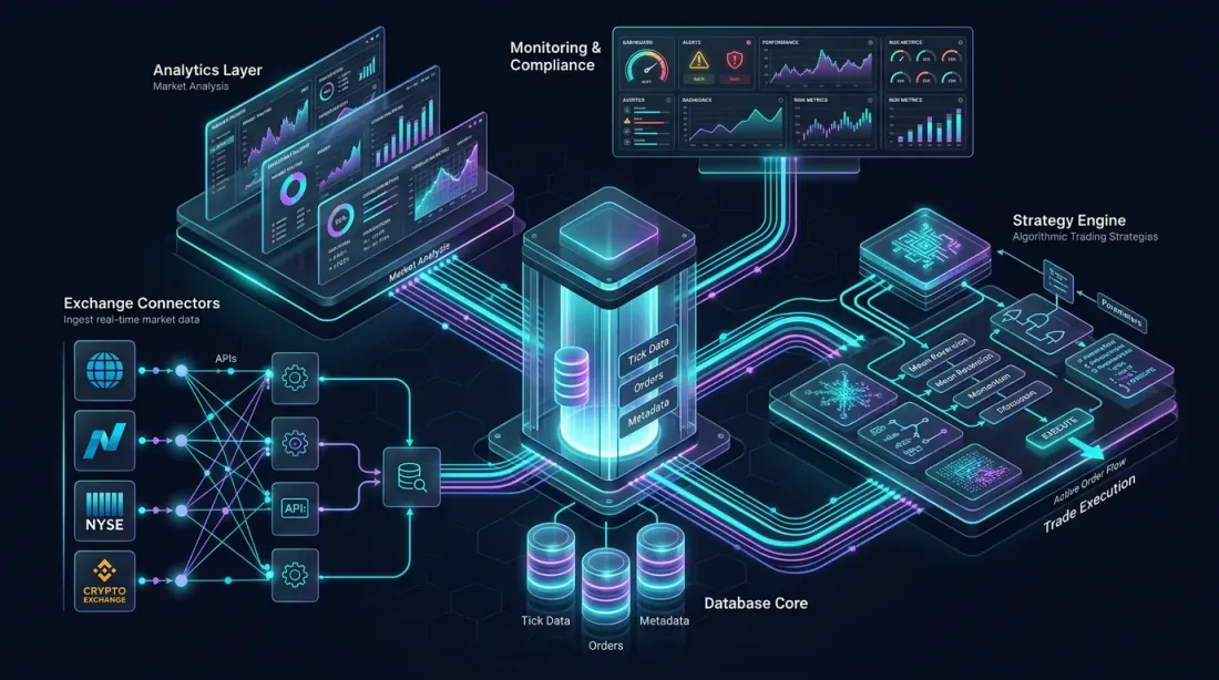 Isometric system architecture diagram for a QuestDB-powered algorithmic trading platform