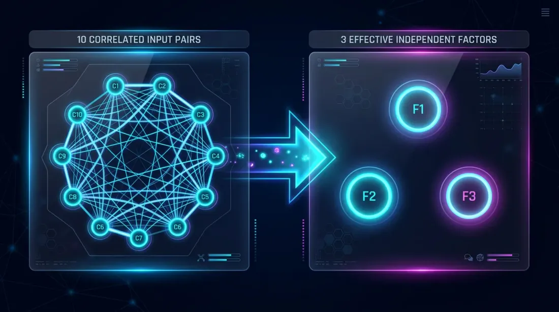 10 correlated pairs collapse into 3 effective ones